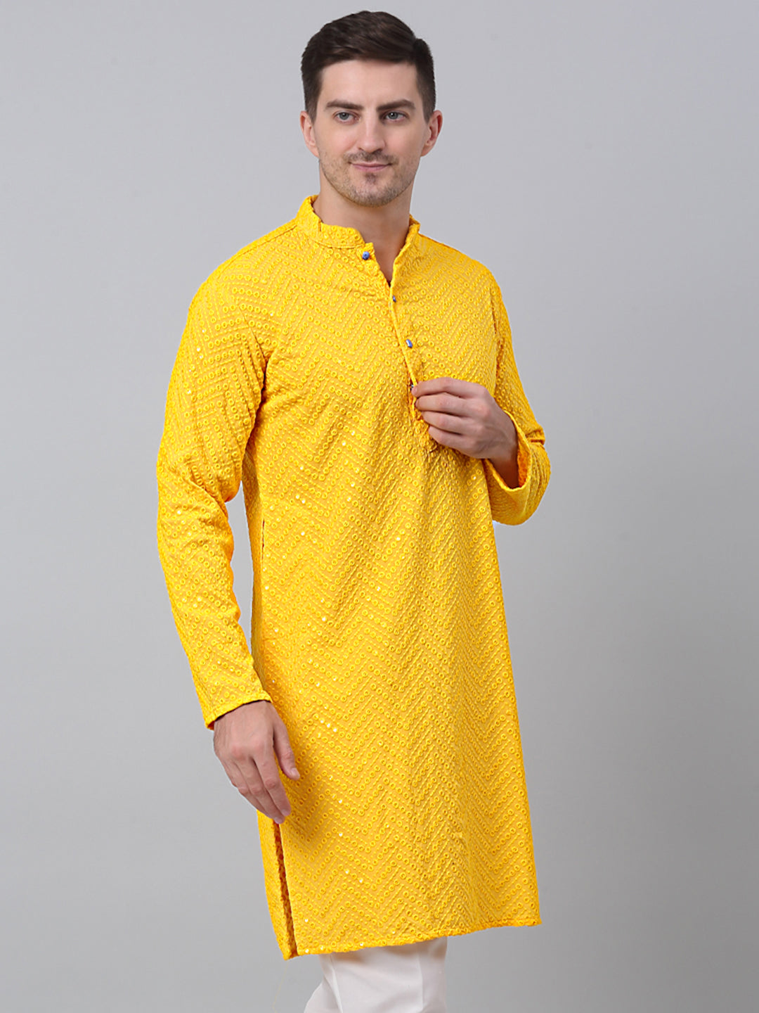 Jompers Men's Yellow Embroidered Sequinned Kurta | Grocsy