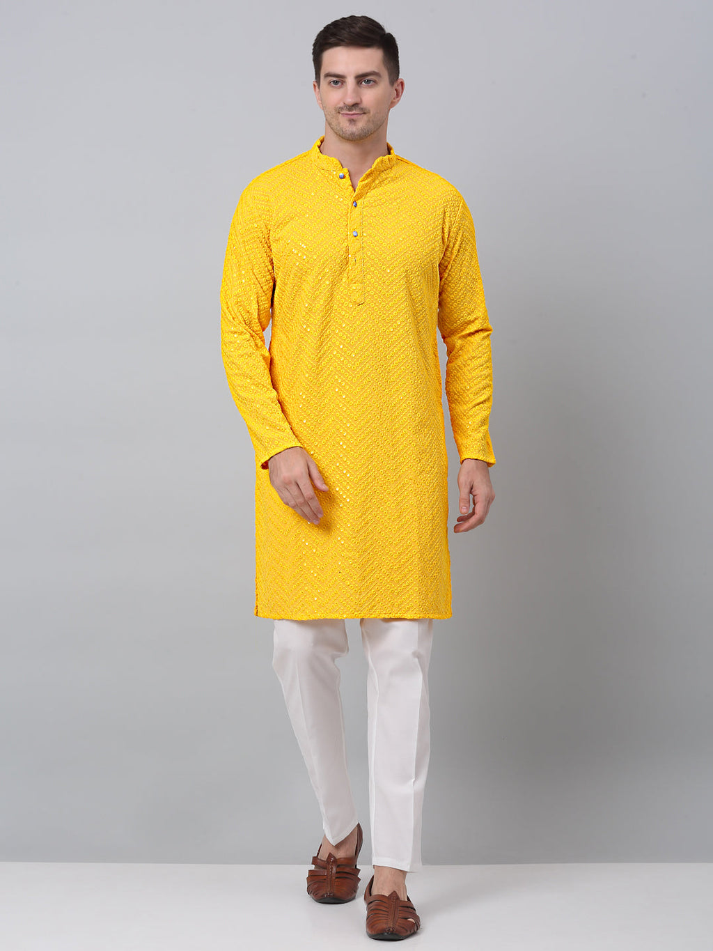 Jompers Men's Yellow Embroidered Sequinned Kurta | Grocsy