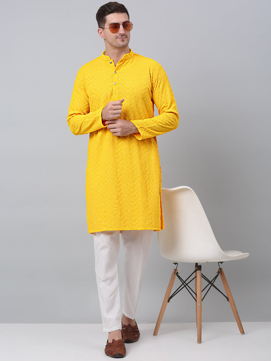 Jompers Men's Yellow Embroidered Sequinned Kurta | Grocsy