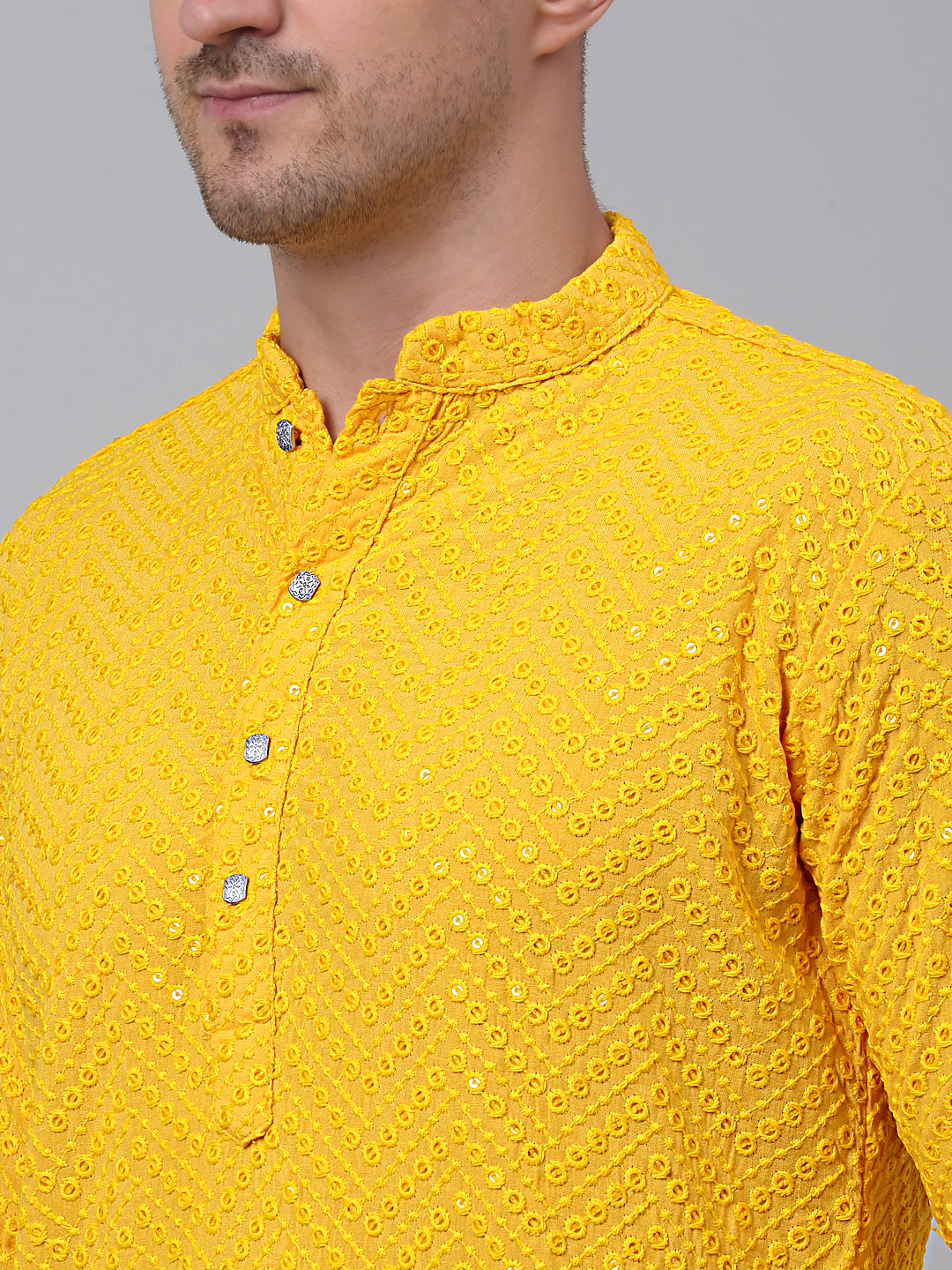 Jompers Men's Yellow Embroidered Sequinned Kurta | Grocsy