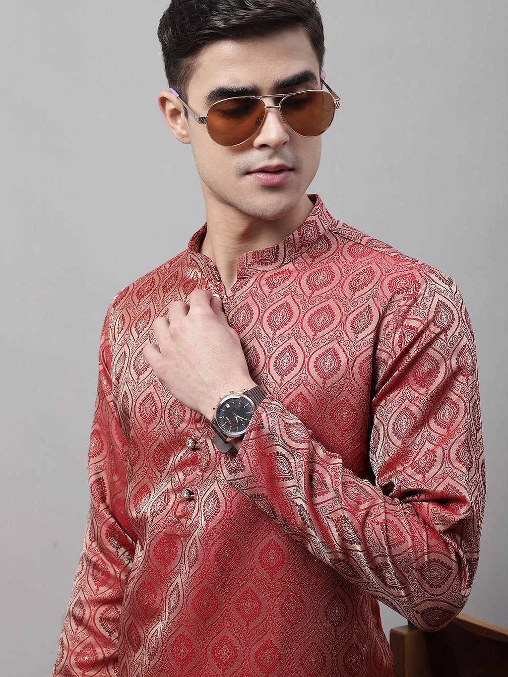 Jompers Men's Ethnic Maroon Woven Design Kurta | Grocsy