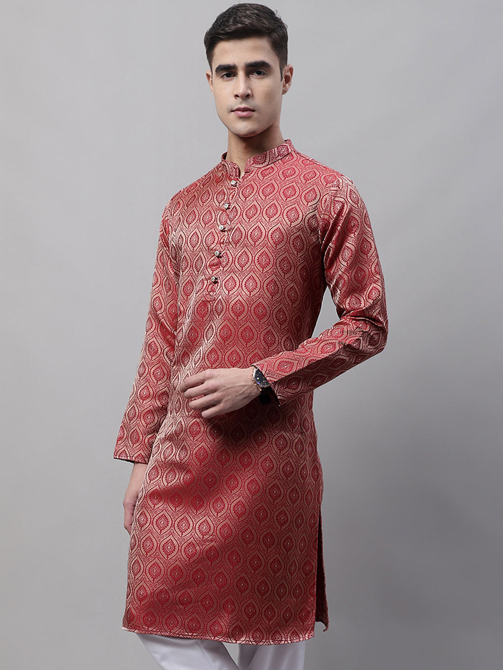 Jompers Men's Ethnic Maroon Woven Design Kurta | Grocsy