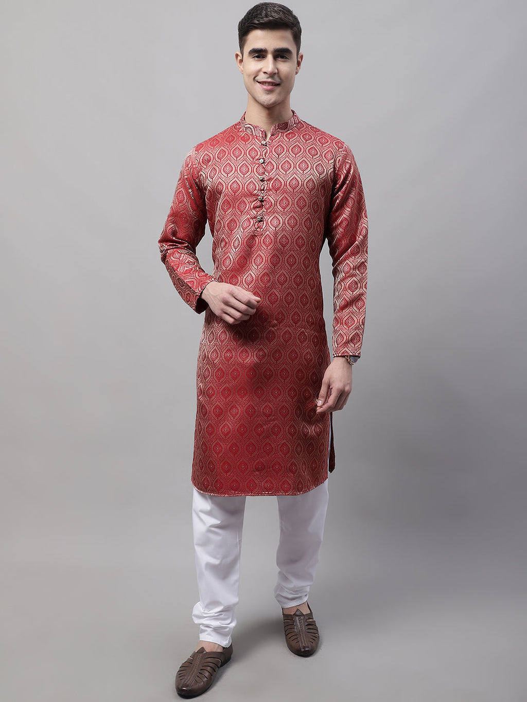 Jompers Men's Ethnic Maroon Woven Design Kurta | Grocsy