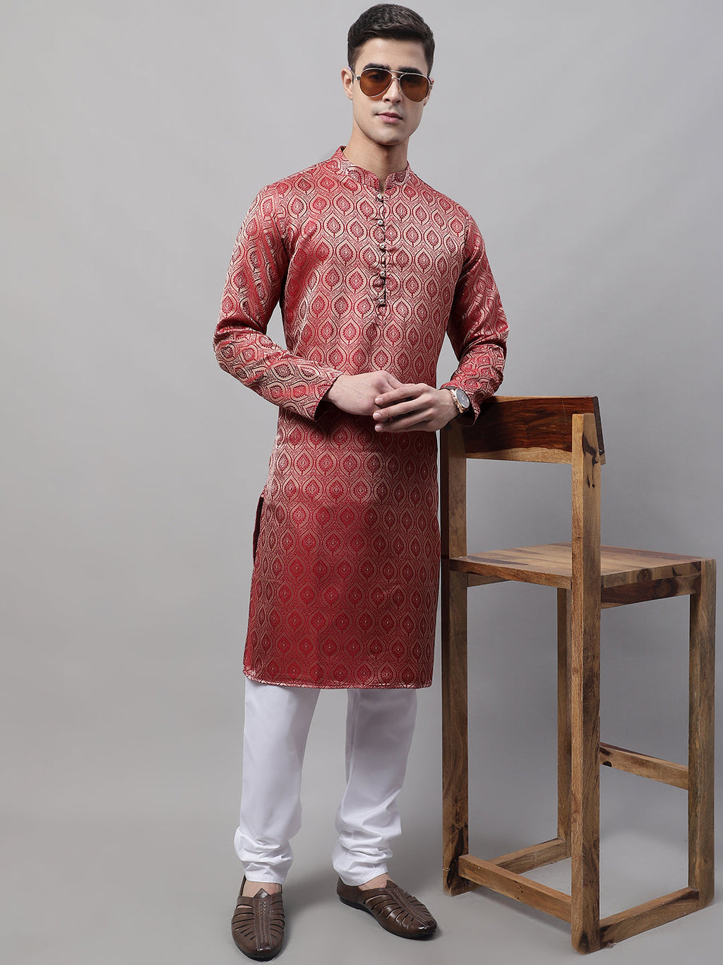 Jompers Men's Ethnic Maroon Woven Design Kurta | Grocsy