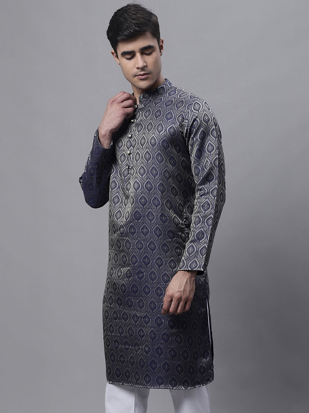 Jompers Men's Ethnic Navy Blue Woven Design Kurta | Grocsy