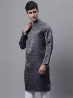 Jompers Men's Ethnic Navy Blue Woven Design Kurta | Grocsy