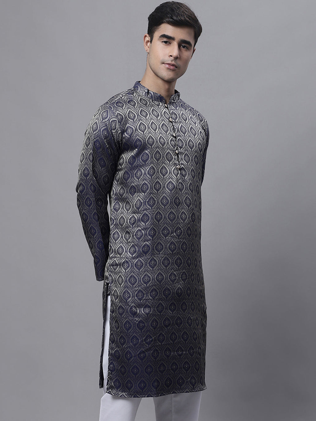 Jompers Men's Ethnic Navy Blue Woven Design Kurta | Grocsy