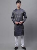 Jompers Men's Ethnic Navy Blue Woven Design Kurta | Grocsy