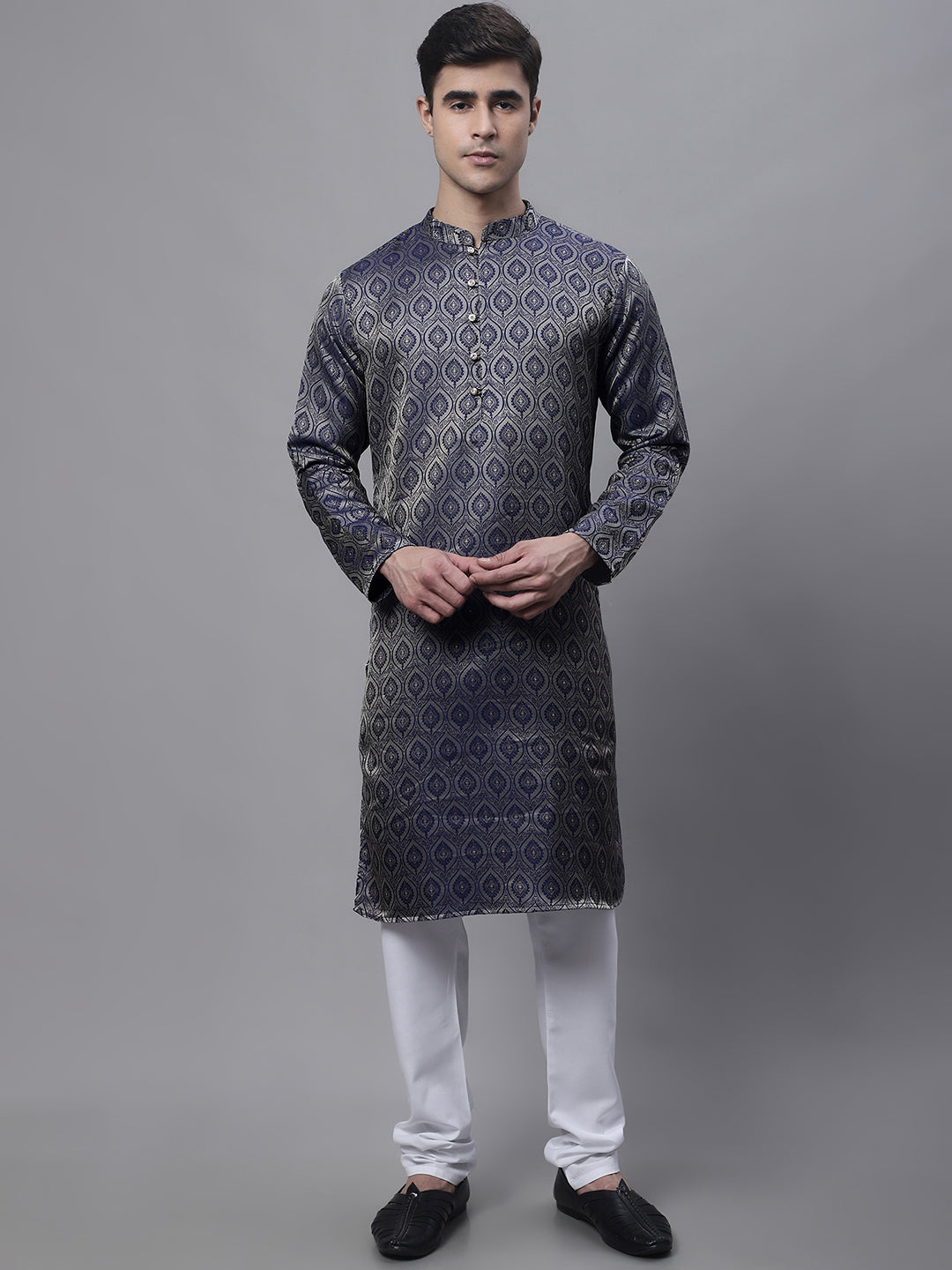 Jompers Men's Ethnic Navy Blue Woven Design Kurta | Grocsy