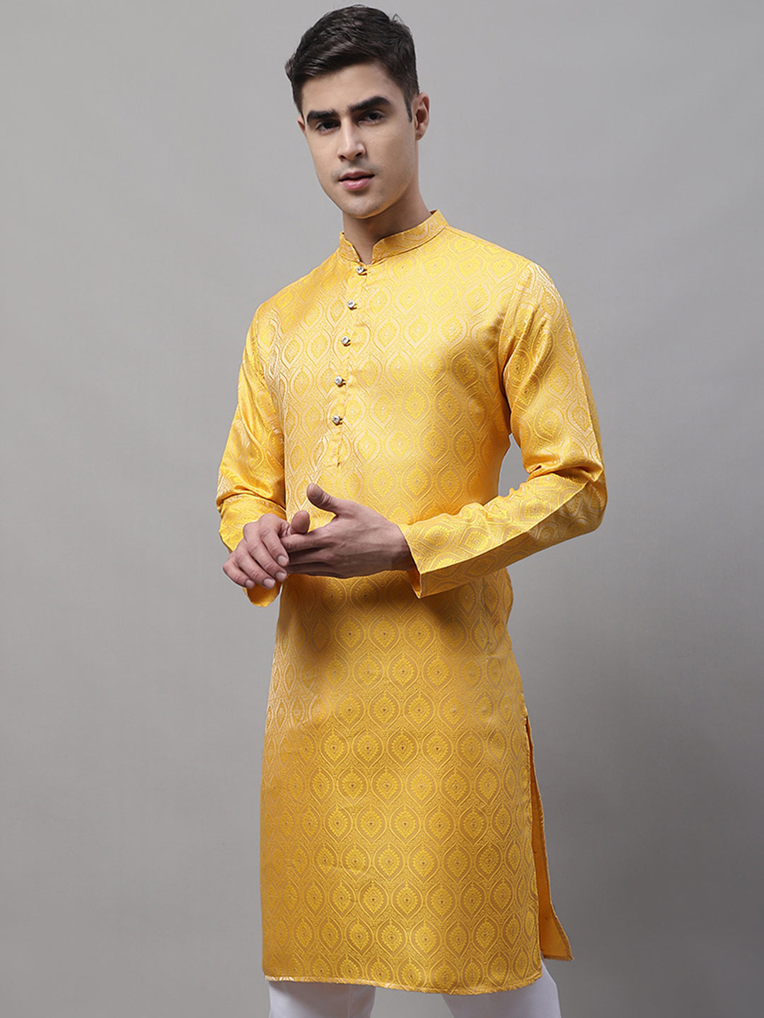 Jompers Men's Ethnic Yellow Woven Design Kurta | Grocsy