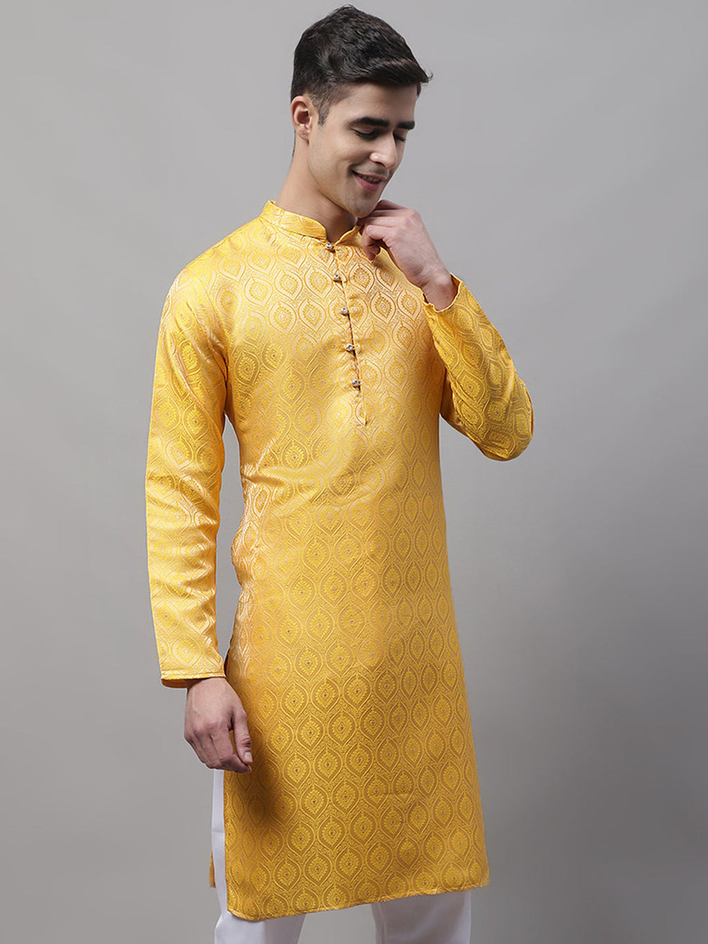 Jompers Men's Ethnic Yellow Woven Design Kurta | Grocsy