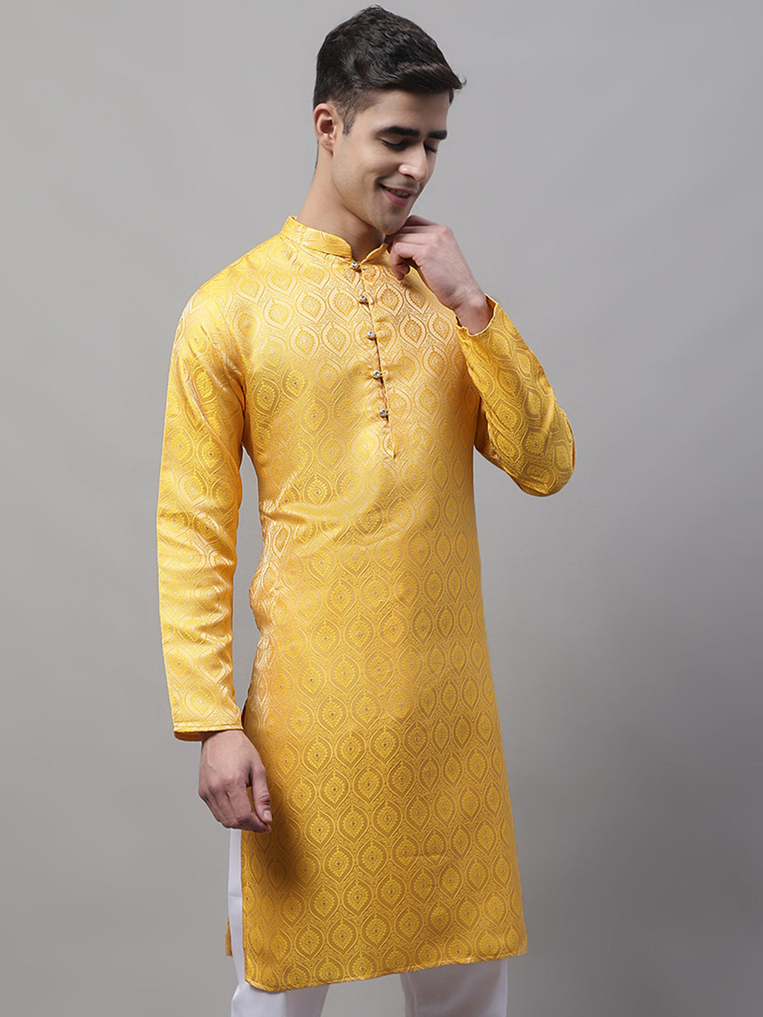 Jompers Men's Ethnic Yellow Woven Design Kurta | Grocsy