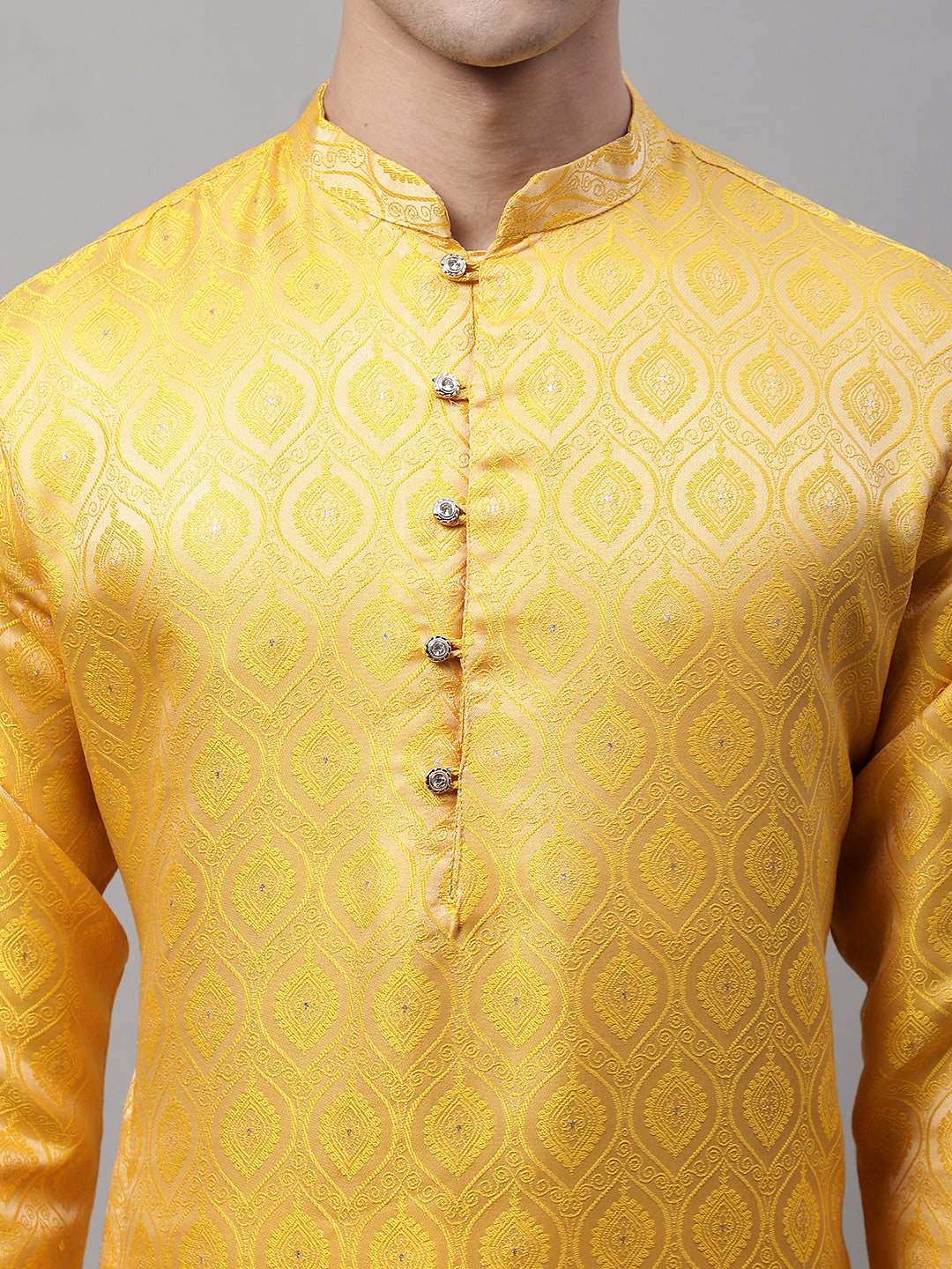 Jompers Men's Ethnic Yellow Woven Design Kurta | Grocsy