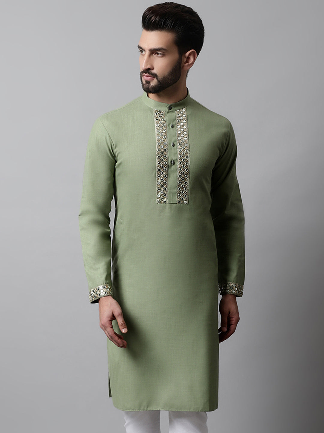 Jompers Men's Pista Green Embroidered Kurta | Grocsy