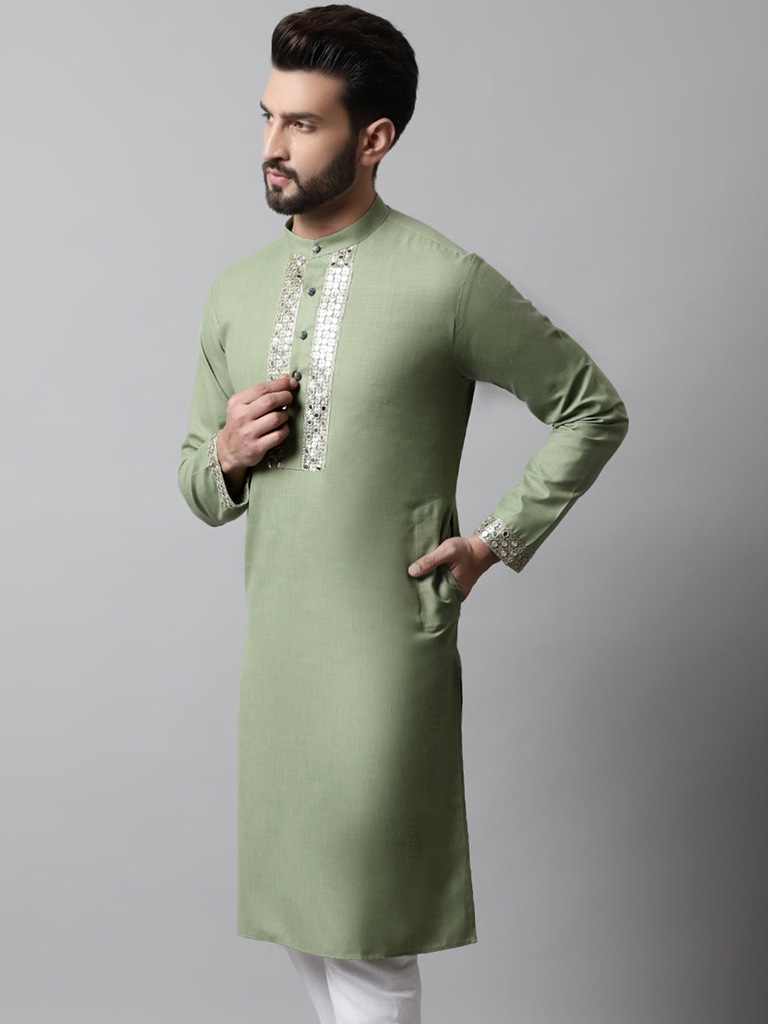 Jompers Men's Pista Green Embroidered Kurta | Grocsy