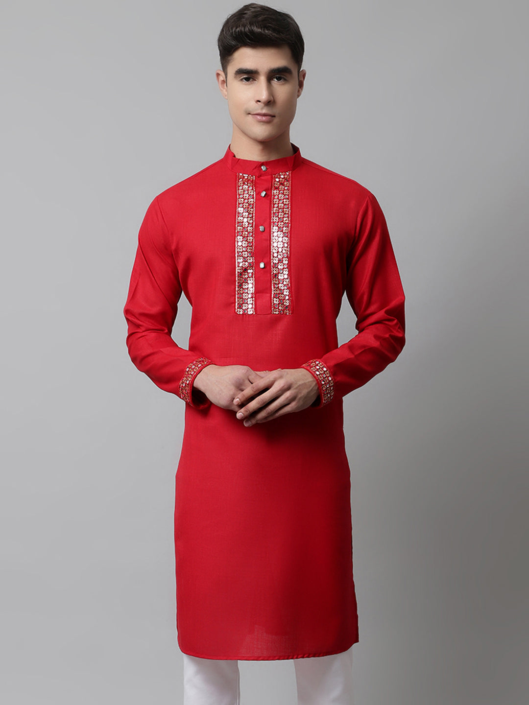 Jompers Men's Red Embroidered Kurta | Grocsy