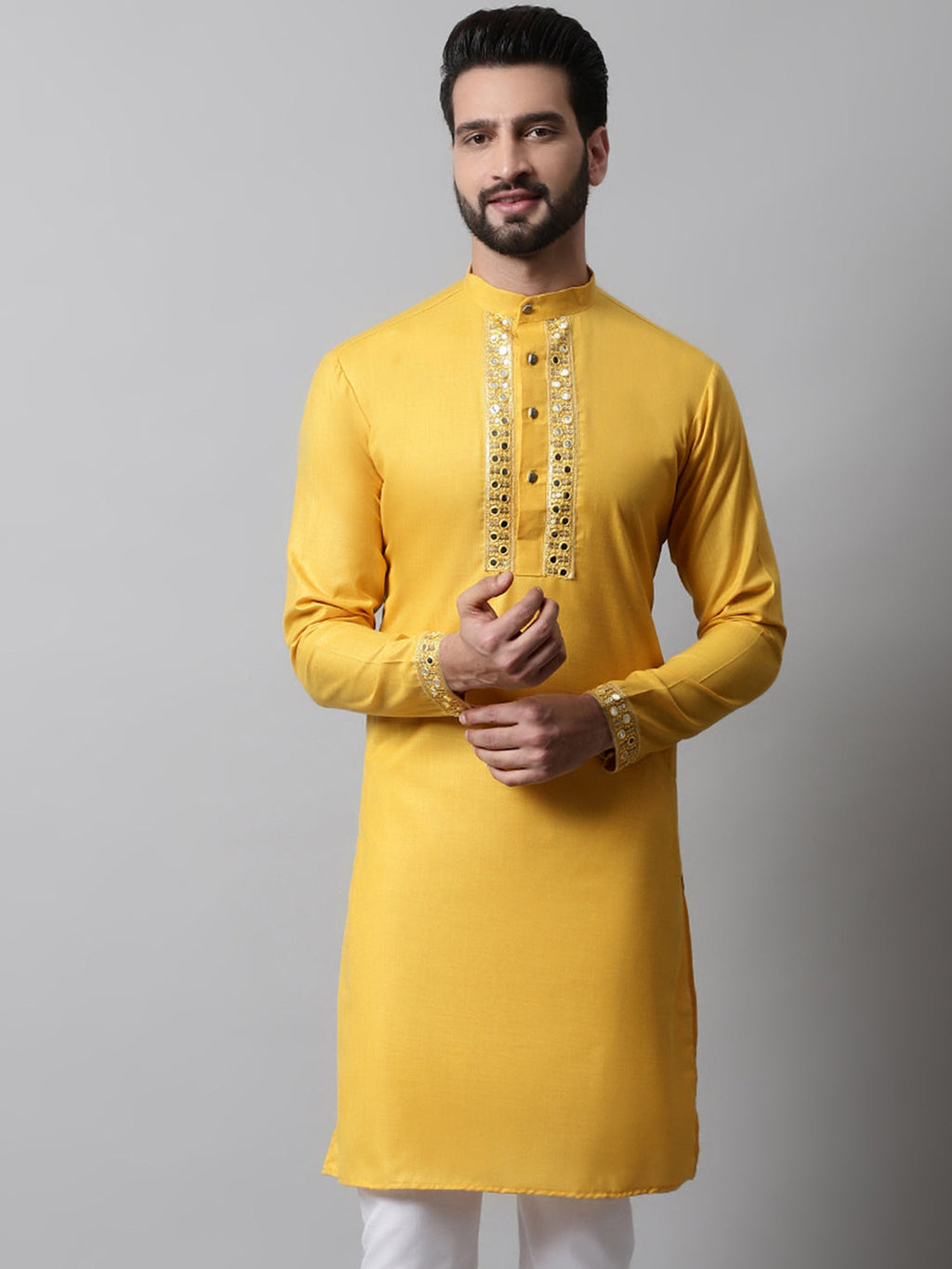 Jompers Men's Yellow Embroidered Kurta | Grocsy
