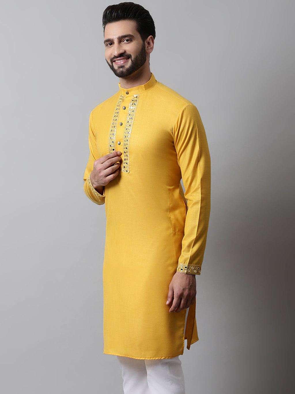 Jompers Men's Yellow Embroidered Kurta | Grocsy