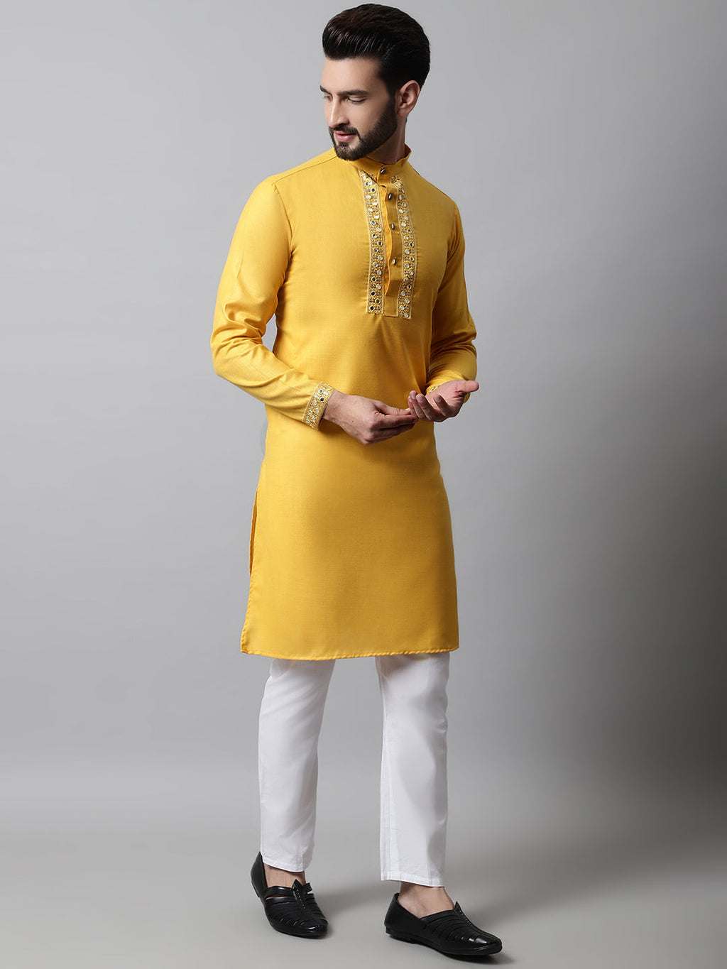 Jompers Men's Yellow Embroidered Kurta | Grocsy