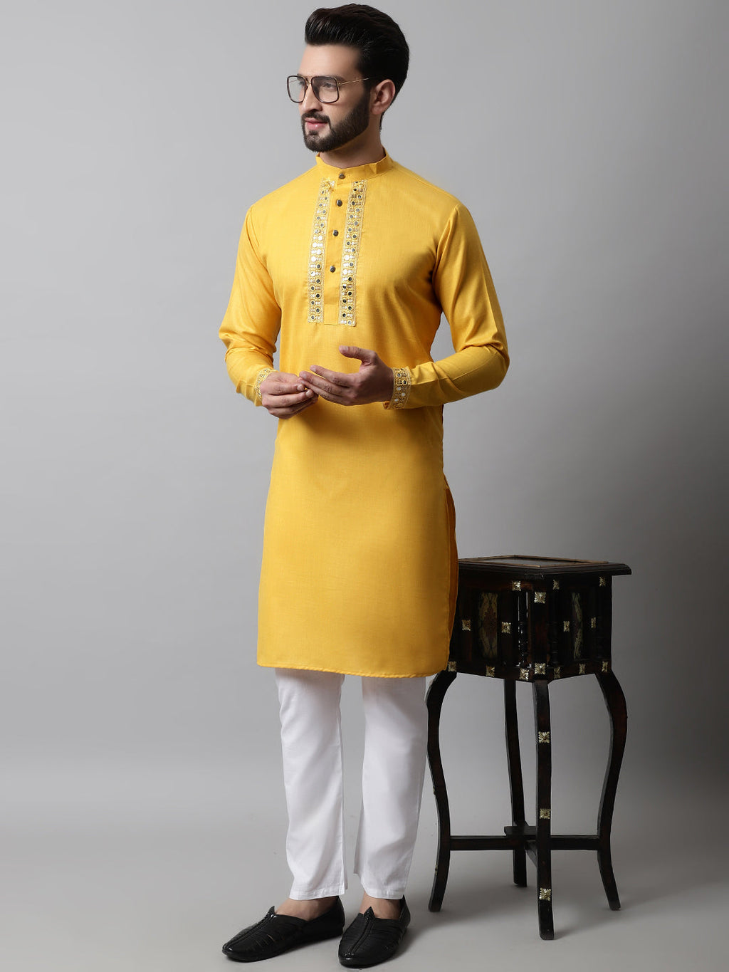 Jompers Men's Yellow Embroidered Kurta | Grocsy