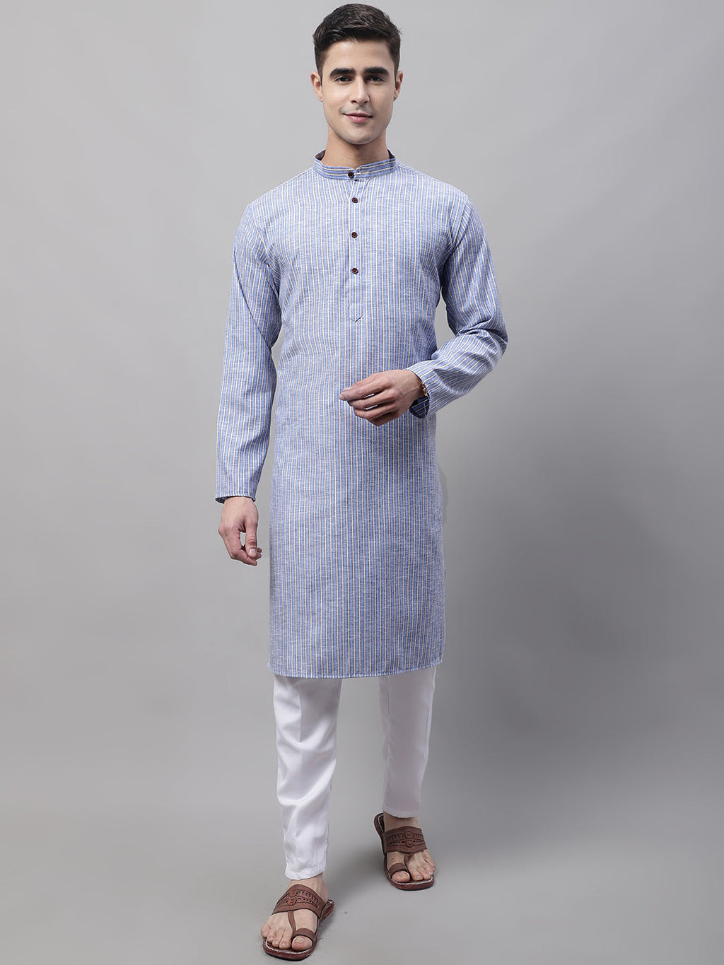 Jompers Men's Blue and White Striped Kurta | Grocsy