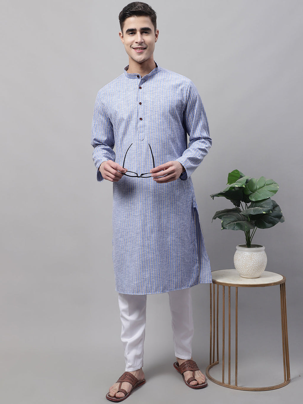 Jompers Men's Blue and White Striped Kurta | Grocsy