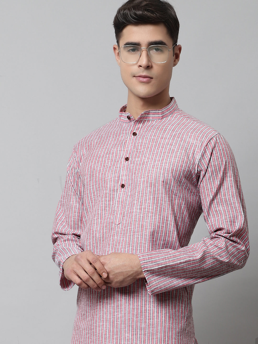 Jompers Men's Coral Red Striped Kurta | Grocsy