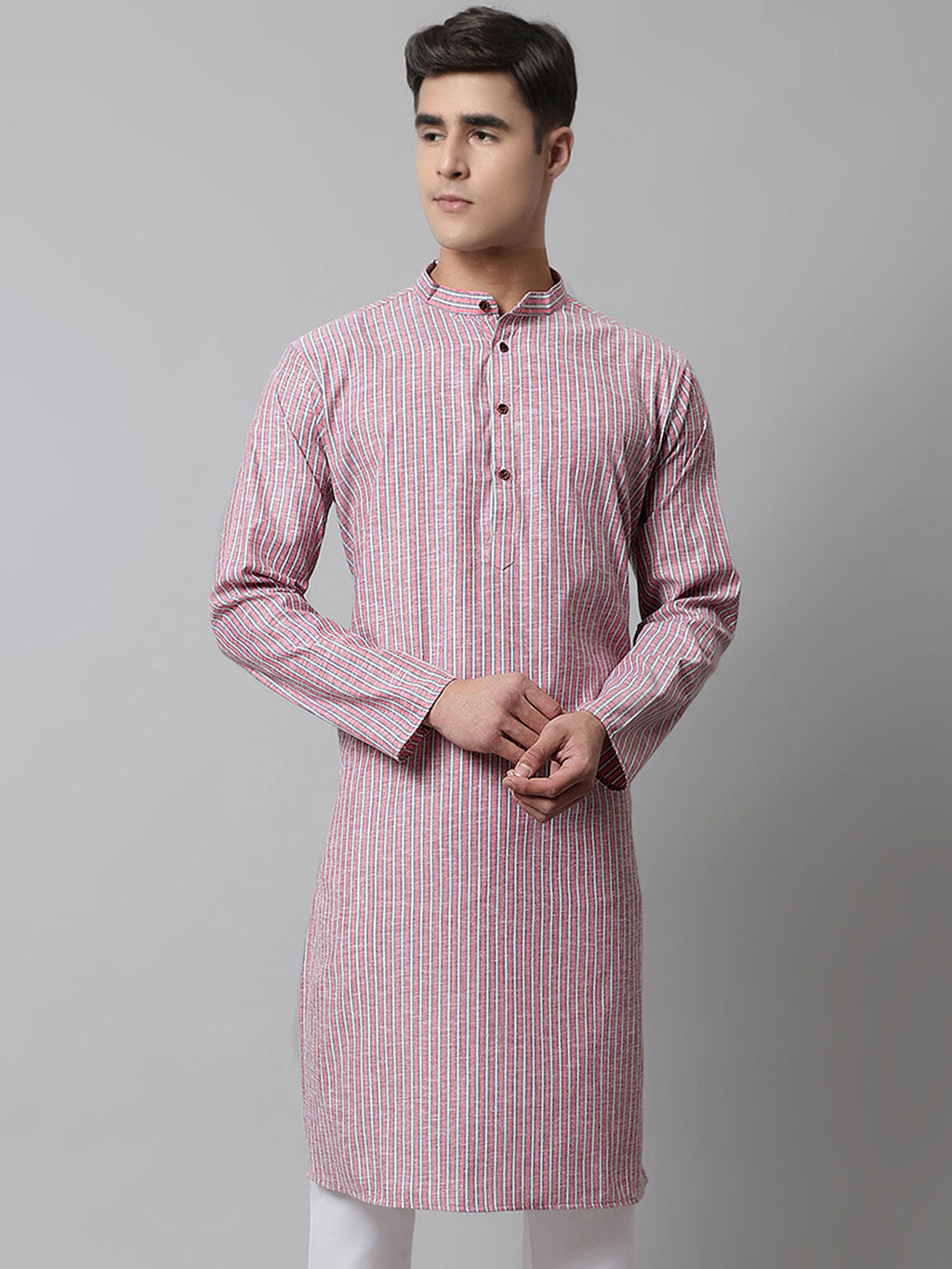 Jompers Men's Coral Red Striped Kurta | Grocsy