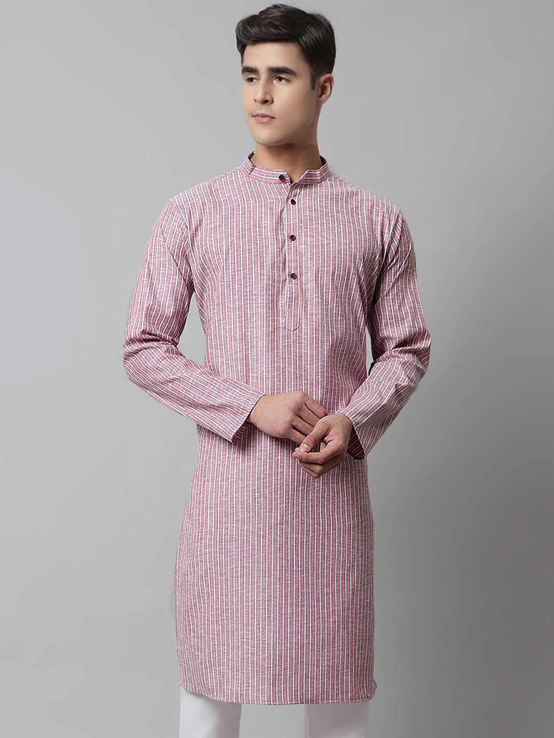 Jompers Men's Coral Red Striped Kurta | Grocsy