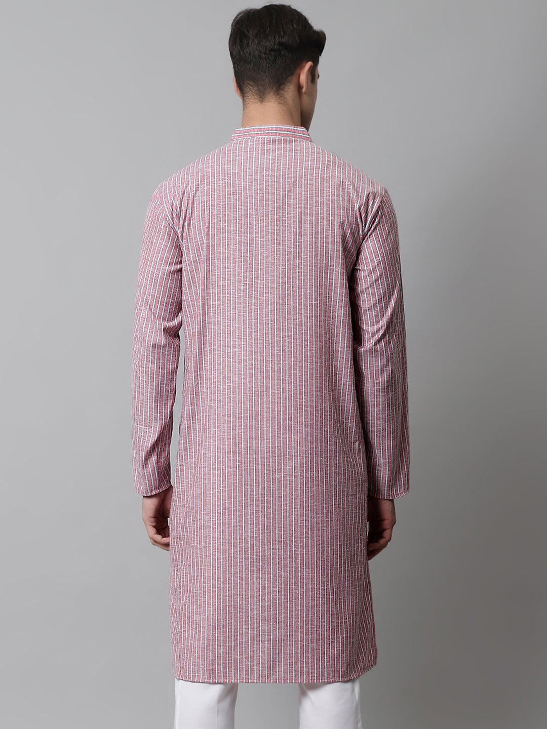 Jompers Men's Coral Red Striped Kurta | Grocsy