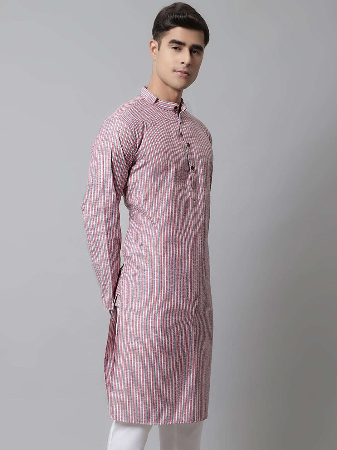 Jompers Men's Coral Red Striped Kurta | Grocsy