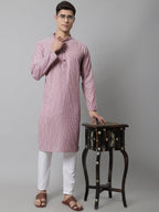 Jompers Men's Coral Red Striped Kurta | Grocsy