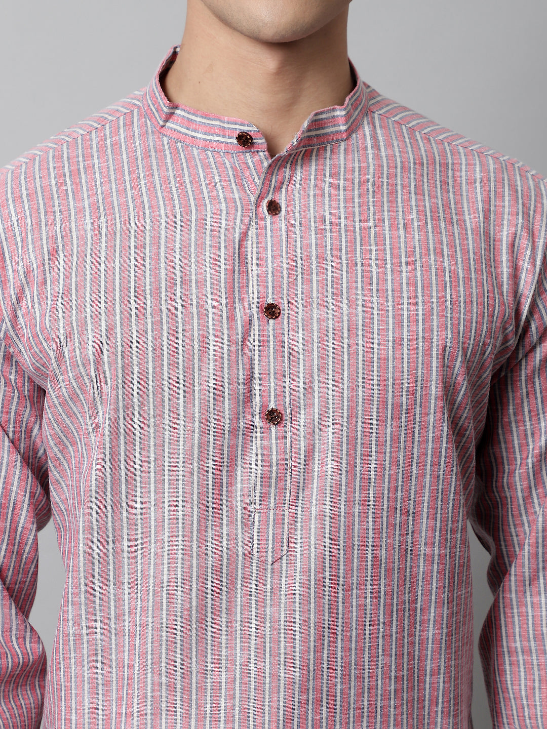 Jompers Men's Coral Red Striped Kurta | Grocsy