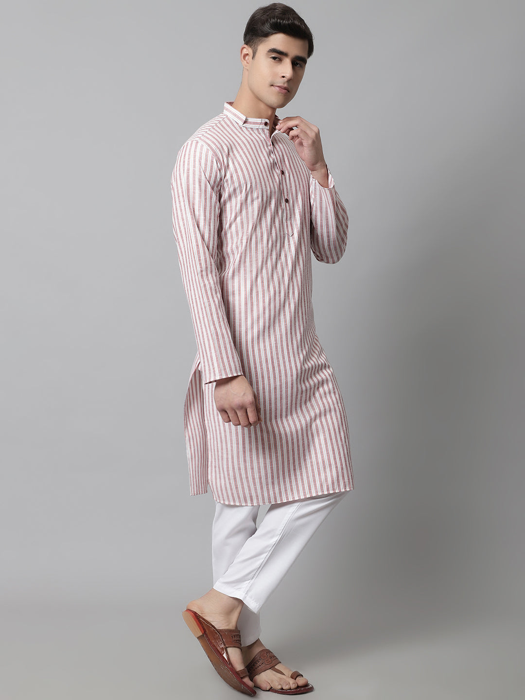 Jompers Men's Orange and White Striped Kurta | Grocsy