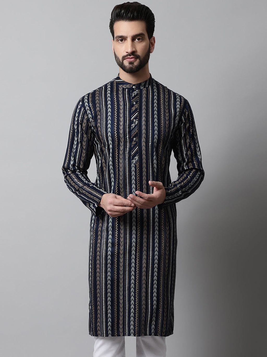 Jompers Men's Navy Blue Foil Printed Kurta | Grocsy