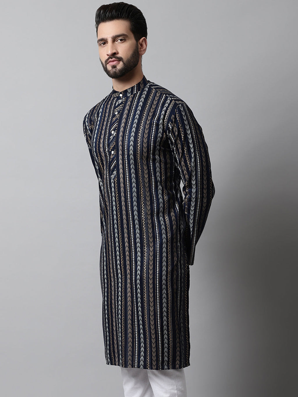 Jompers Men's Navy Blue Foil Printed Kurta | Grocsy