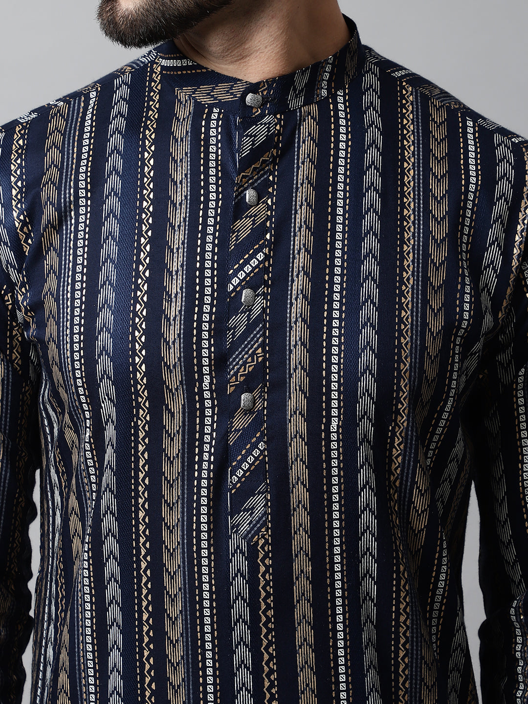 Jompers Men's Navy Blue Foil Printed Kurta | Grocsy