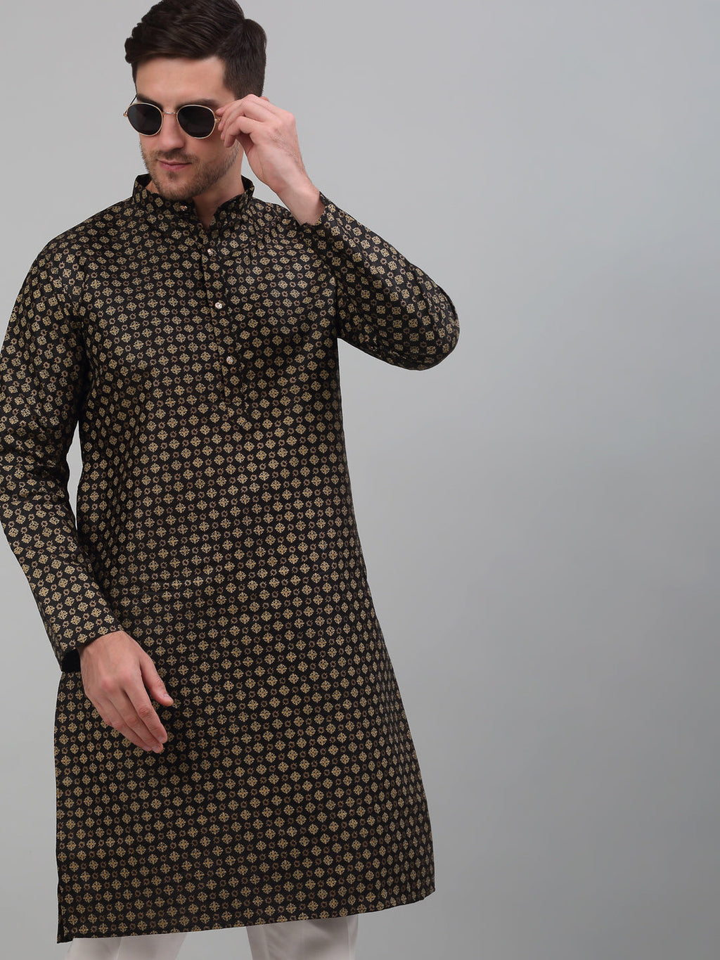 Jompers Men's Black Printed Silk Blend Kurta Only | Grocsy