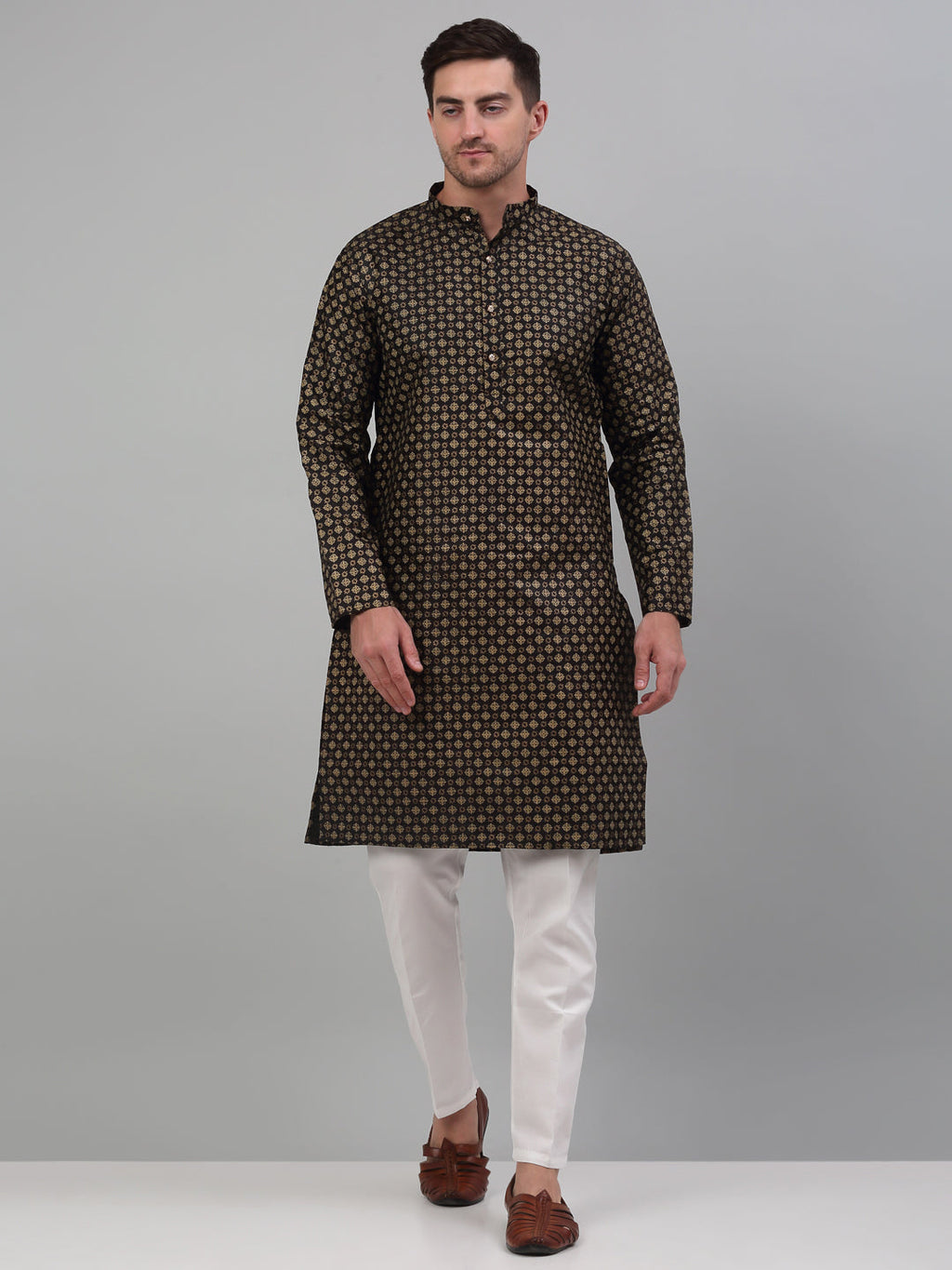 Jompers Men's Black Printed Silk Blend Kurta Only | Grocsy