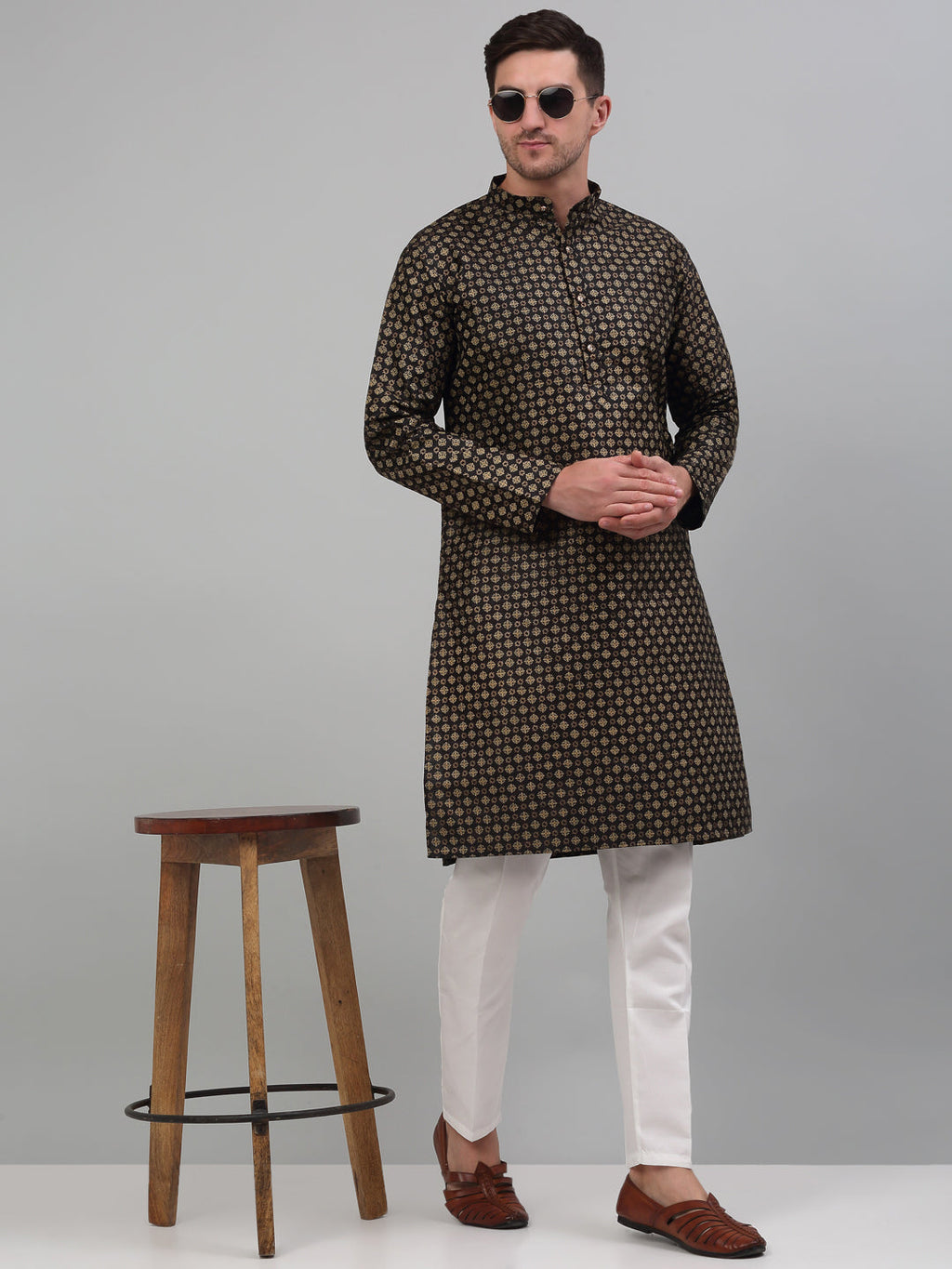 Jompers Men's Black Printed Silk Blend Kurta Only | Grocsy