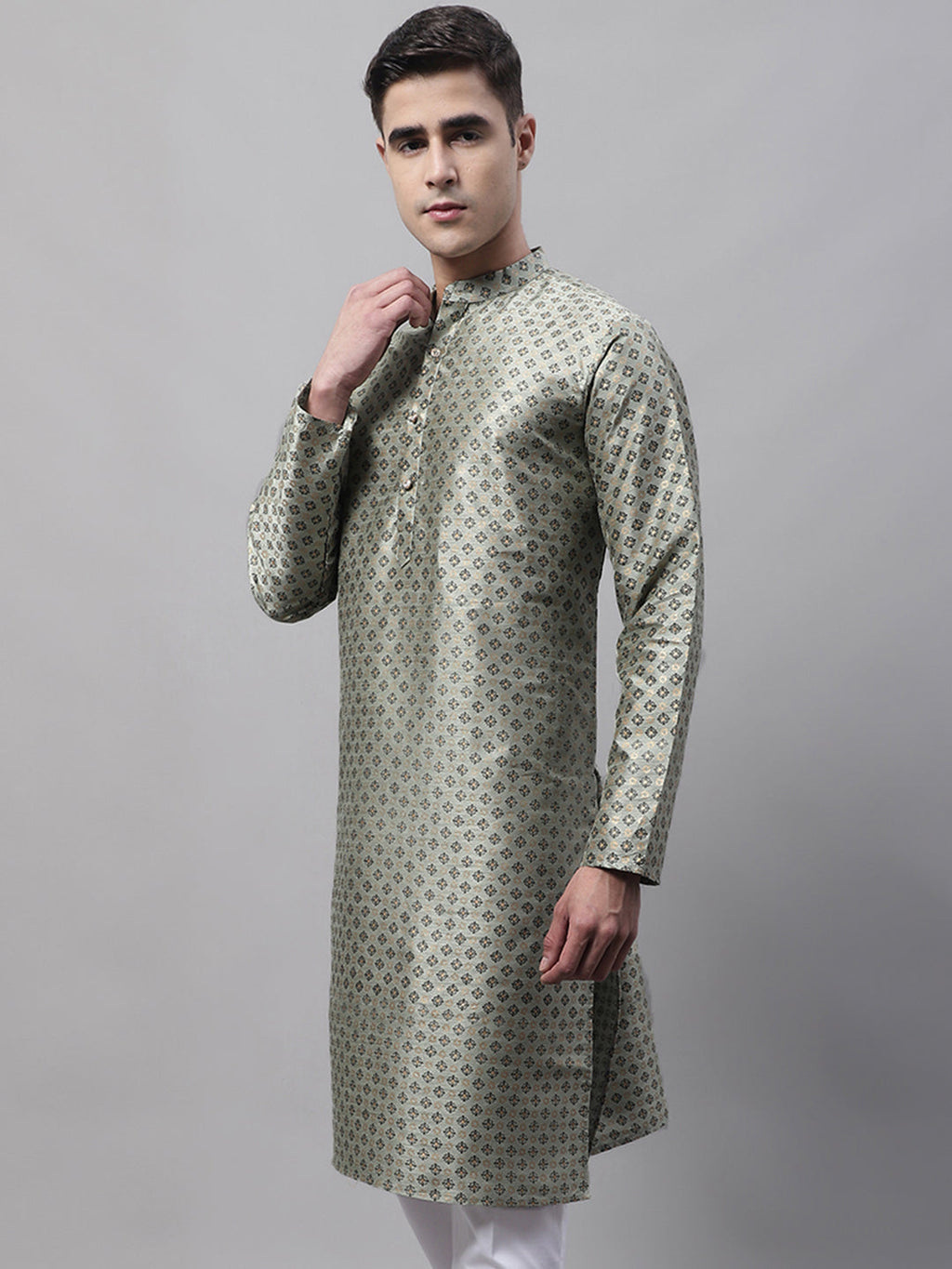 Jompers Men's Green Printed Silk Blend Kurta | Grocsy