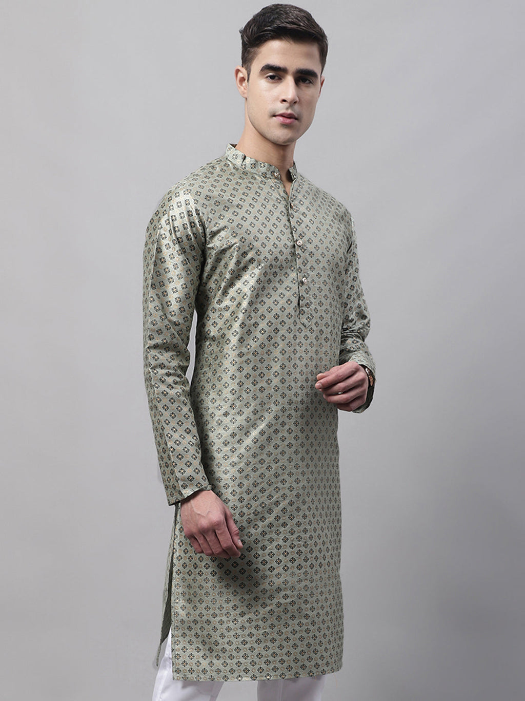 Jompers Men's Green Printed Silk Blend Kurta | Grocsy
