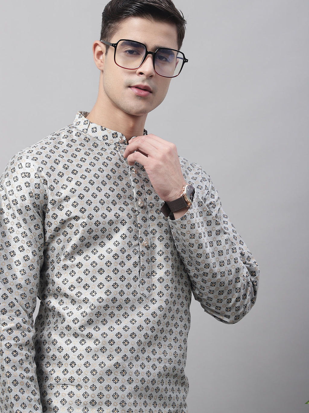 Jompers Men's Grey Printed Silk Blend Kurta | Grocsy
