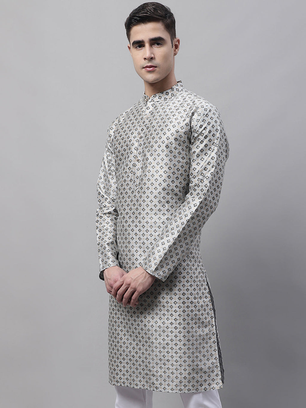 Jompers Men's Grey Printed Silk Blend Kurta | Grocsy