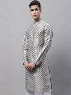 Jompers Men's Grey Printed Silk Blend Kurta | Grocsy