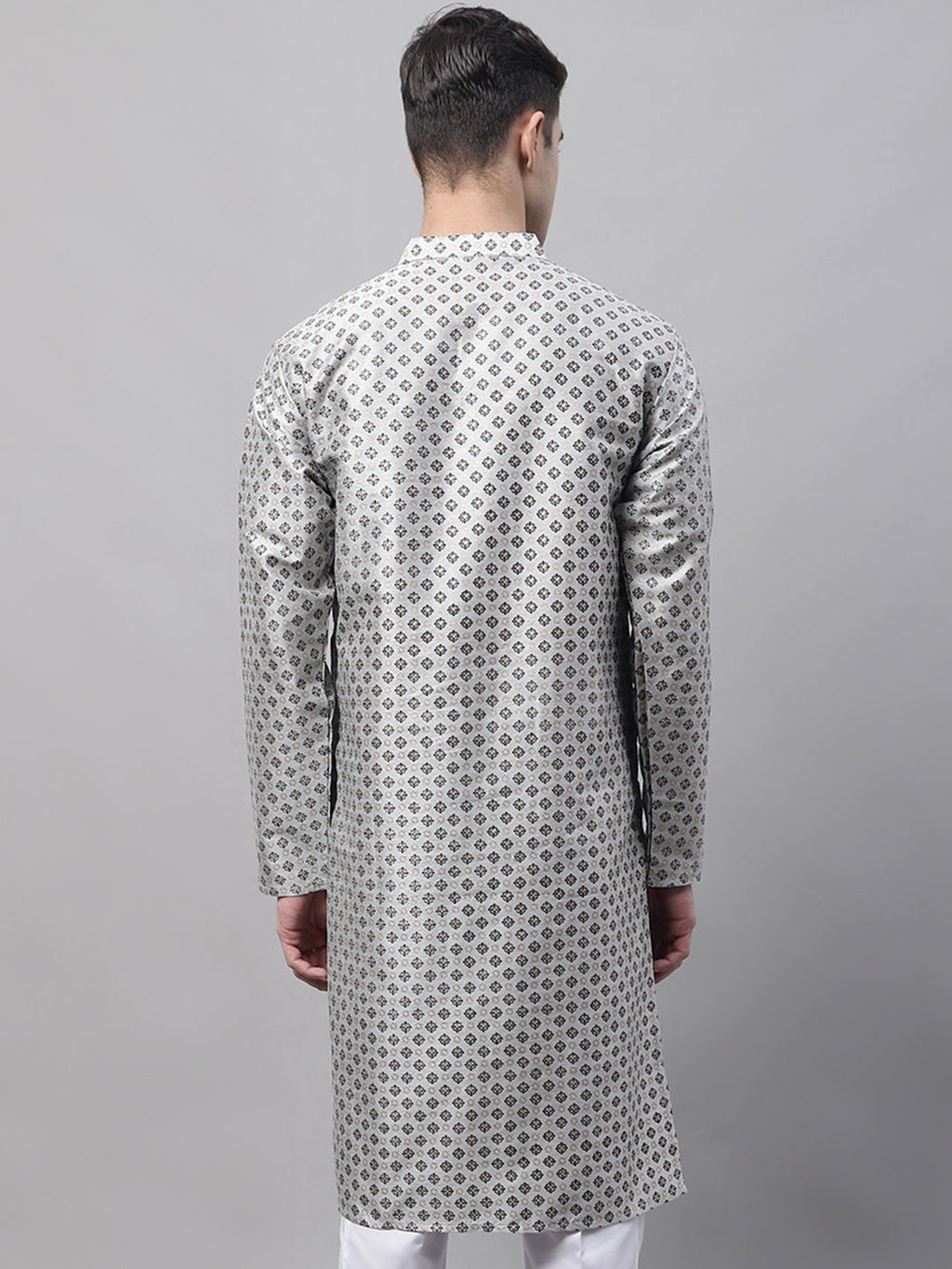 Jompers Men's Grey Printed Silk Blend Kurta | Grocsy