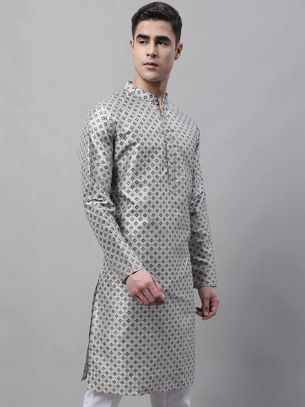 Jompers Men's Grey Printed Silk Blend Kurta | Grocsy