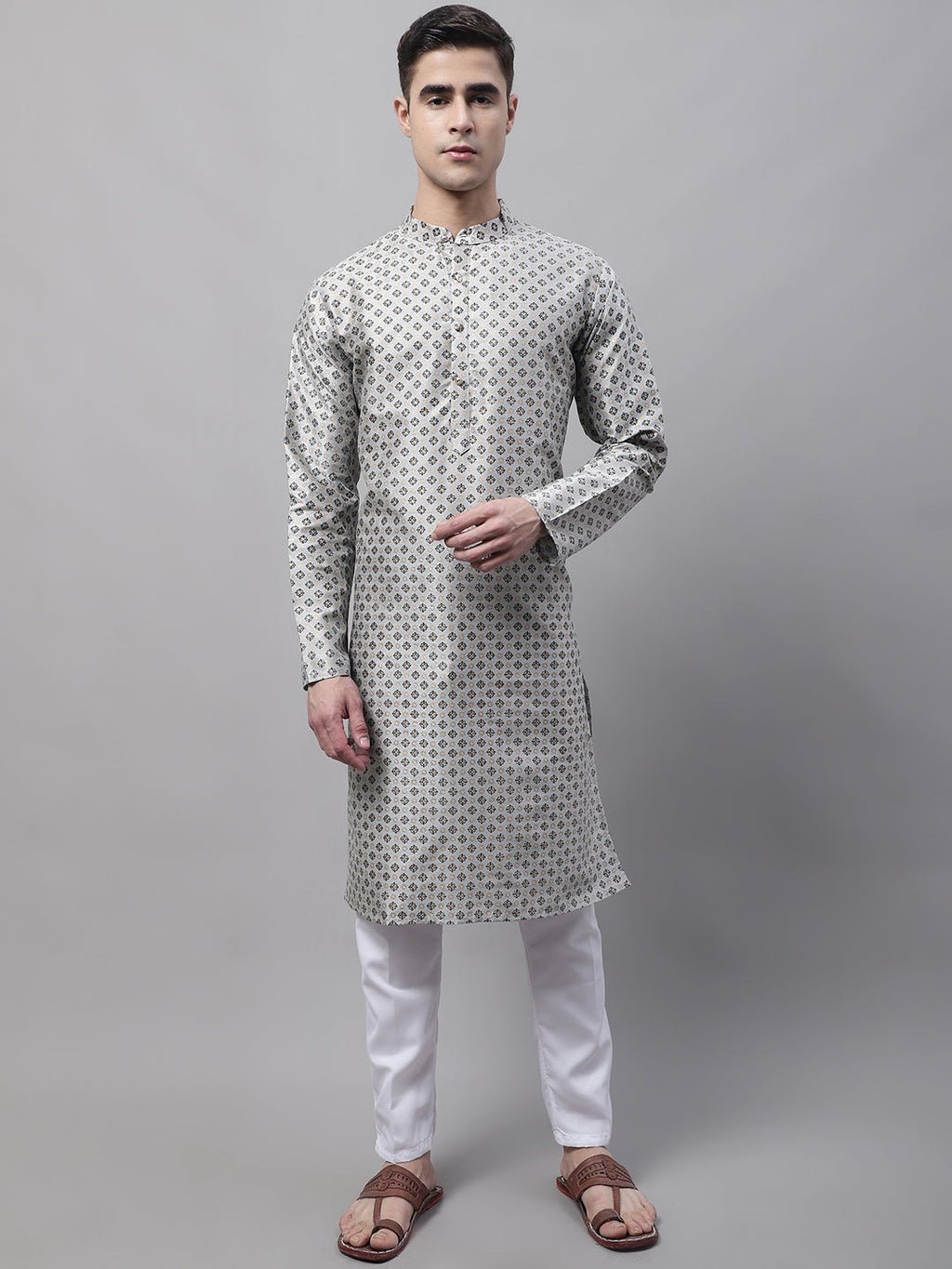 Jompers Men's Grey Printed Silk Blend Kurta | Grocsy