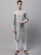 Jompers Men's Grey Printed Silk Blend Kurta | Grocsy