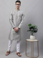 Jompers Men's Grey Printed Silk Blend Kurta | Grocsy